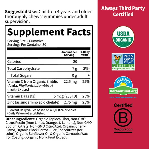 Supplement facts for Kids Vitamin C D Zinc Gummies.