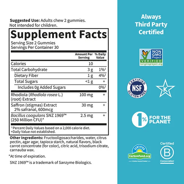 Supplement facts panel for Herbals Stress Relief Gummies showing ingredient list.