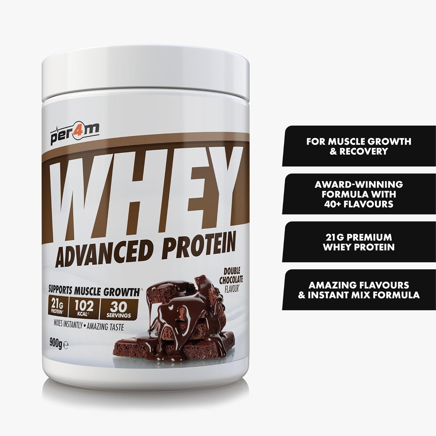 Whey protein powder container with branding and product details on a white background