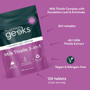Nutrition Geeks Milk Thistle 3-in-1, vegan food supplement tablet packaging, no flavour, 120 tablets, daily supplement use