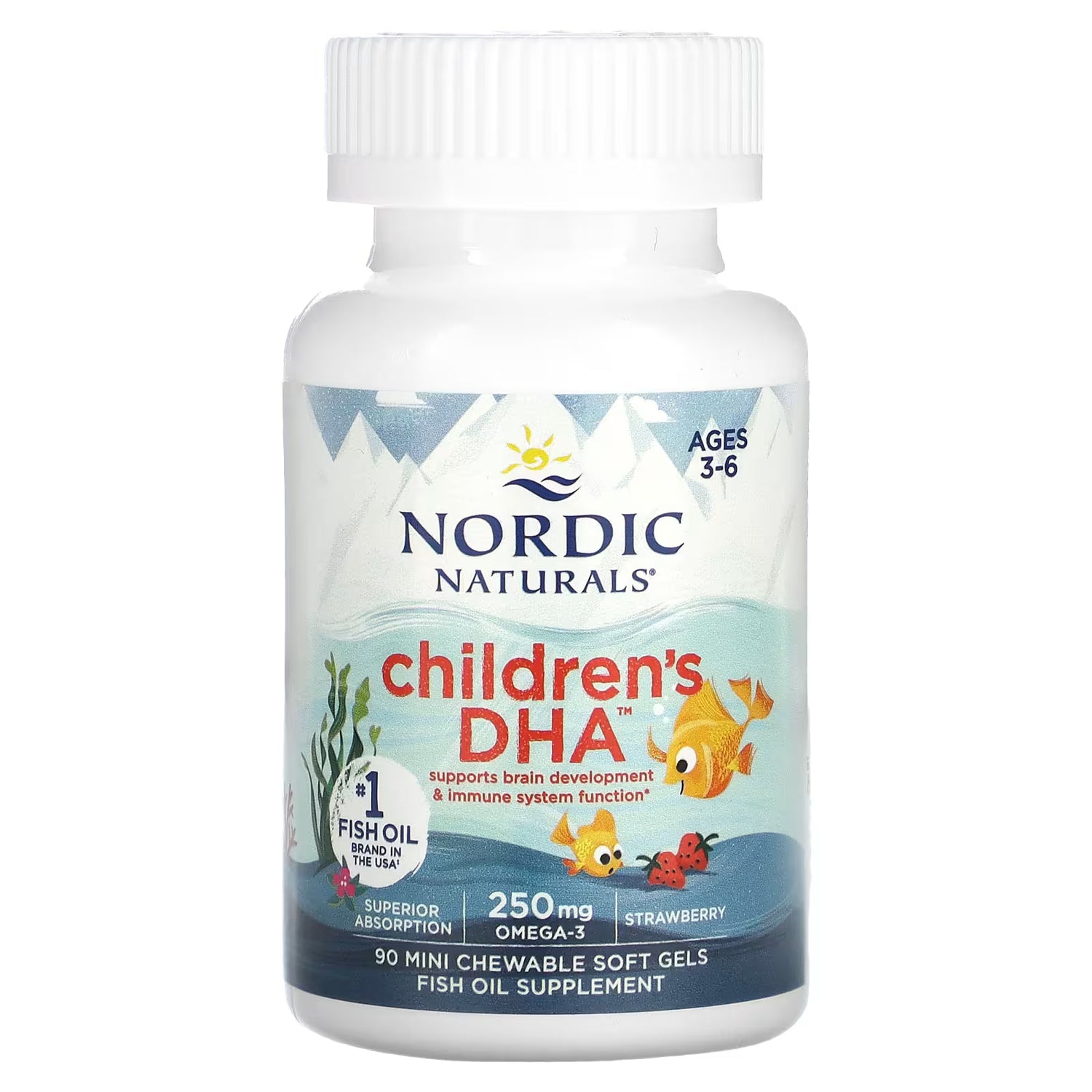 Nordic Naturals Children's DHA Strawberry Chewable 90 Soft Gels bottle for kids.