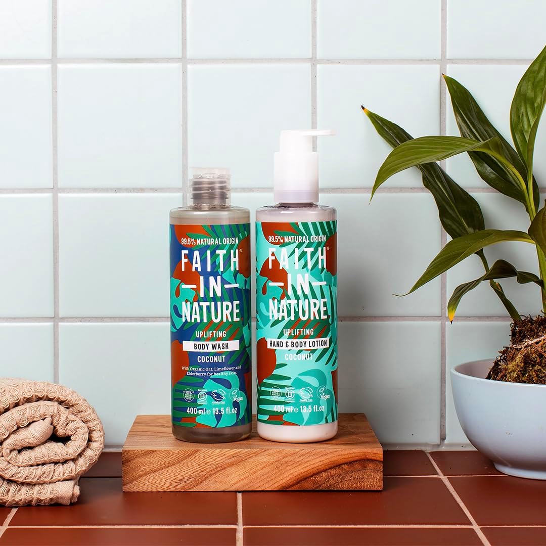 Faith In Nature Uplifting Body Wash Coconut 400ml bottle for everyday bath and shower care