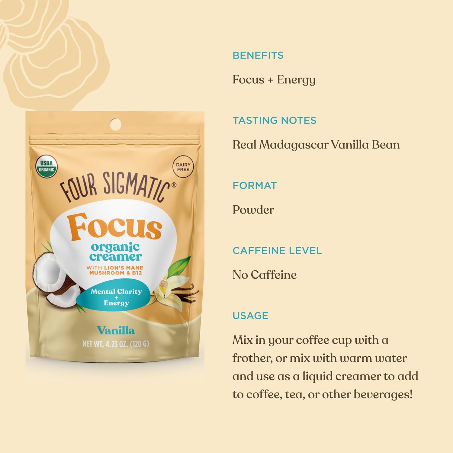 Four Sigmatic vanilla creamer showing nutrition facts, benefits and usage.