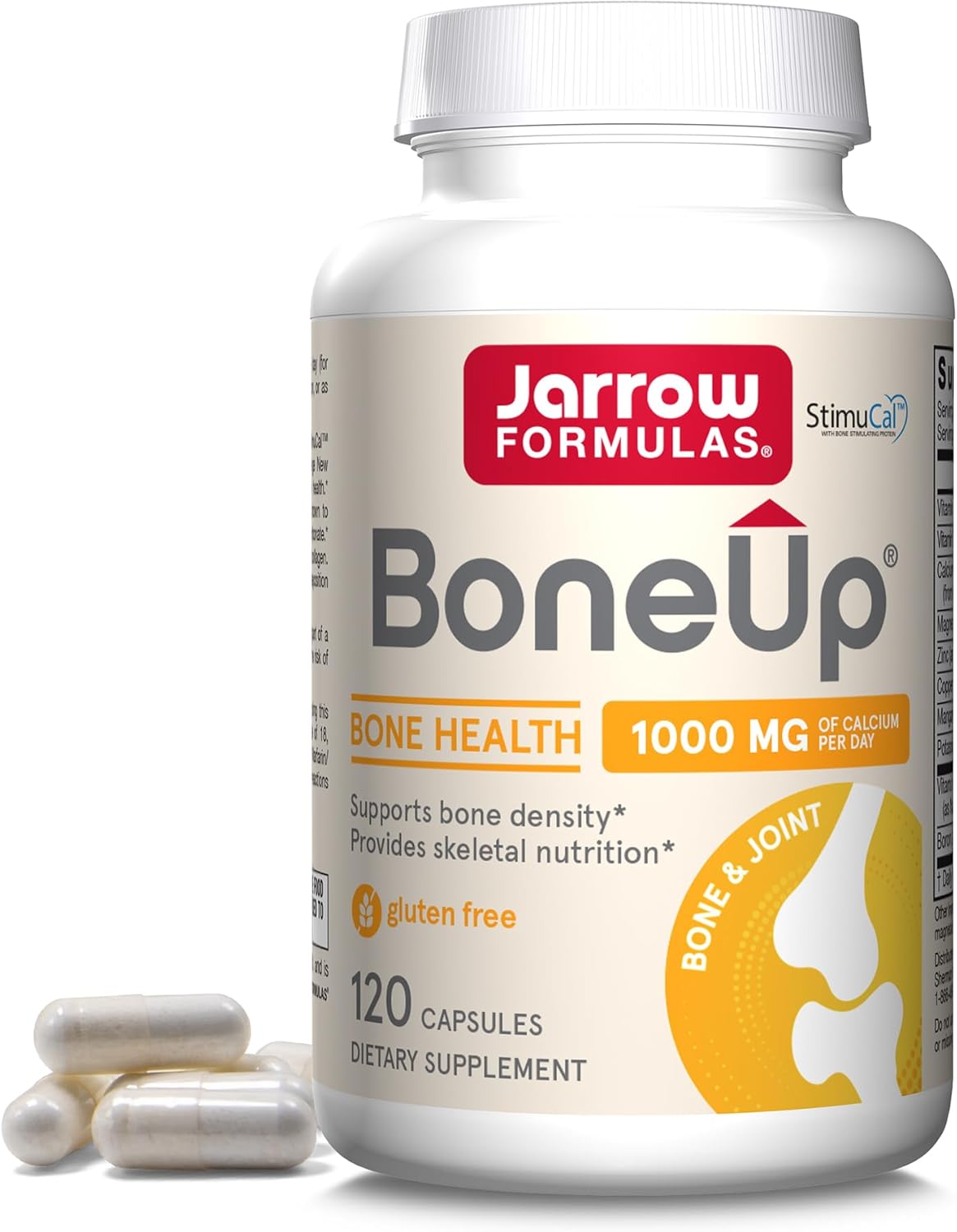 Front Image: Jarrow Formulas BoneUp calcium 1000mg D3 K2 capsules bottle front packaging 120 count