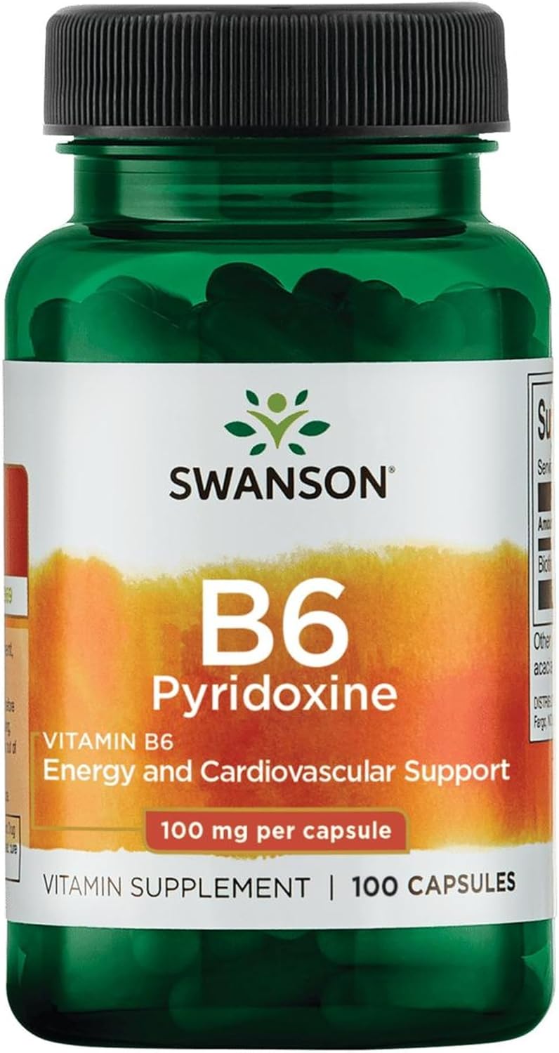 Swanson Vitamin B6 Pyridoxine 100mg vitamin supplement vegan capsule bottle front label 100 capsules