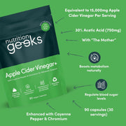 Nutrition Geeks Apple Cider Vinegar+ 15000mg, vegan food supplement capsule packaging, no flavour, 90 capsules, daily supplement use