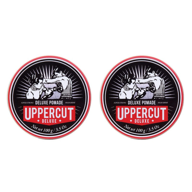 Front image: Uppercut Deluxe Pomade 100g jar strong hold high shine styling product 2 packs