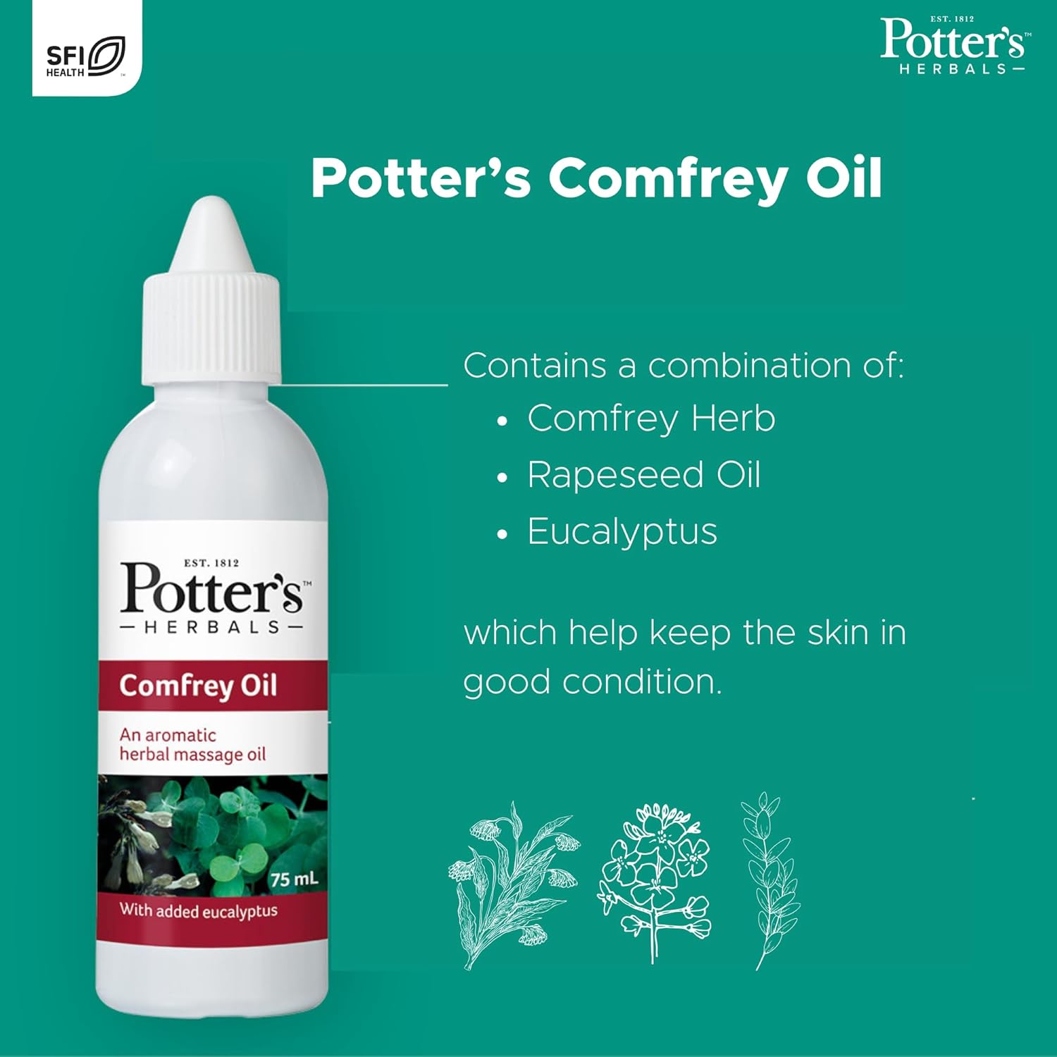 Potter's Herbals Comfrey & Eucalyptus Massage Oil bottle, 75ml.