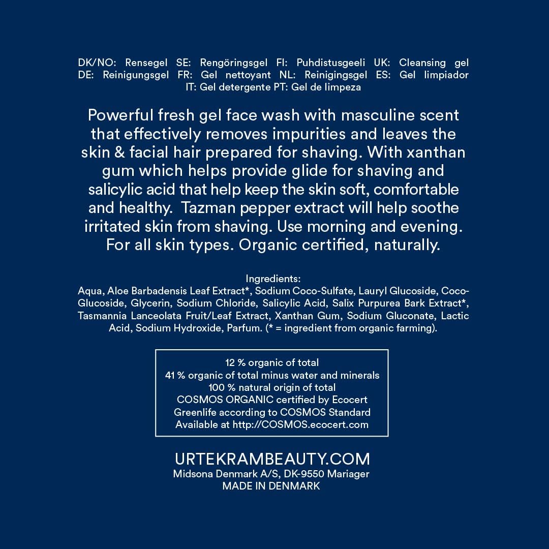 Urtekram Men Face Wash tube, fresh masculine scent, 150ml, ingredients