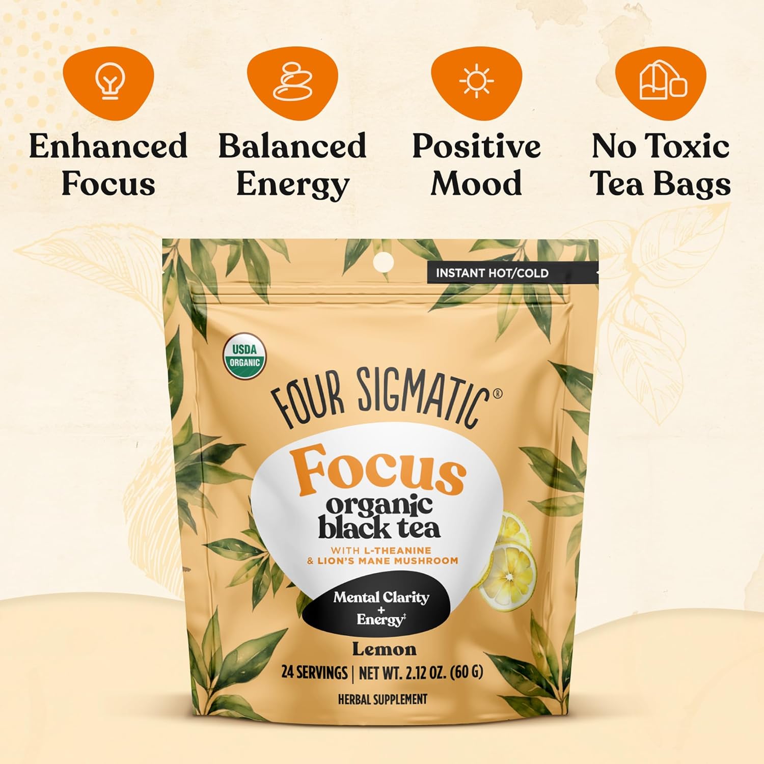 Four Sigmatic Organic Black Tea, L-Theanine & Lion's Mane, Lemon - 60g