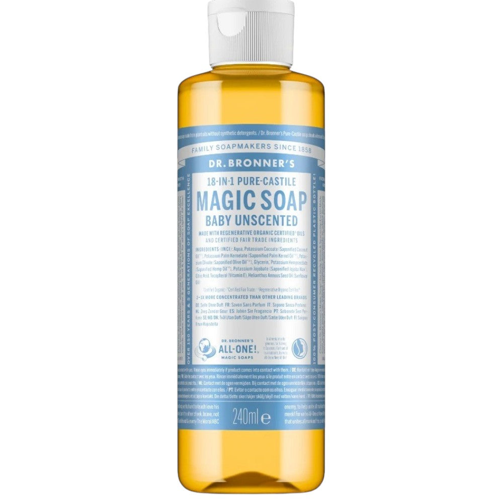 Dr. Bronner's Baby Unscented Pure-Castile Liquid Soap bottle, fragrance-free, 240ml