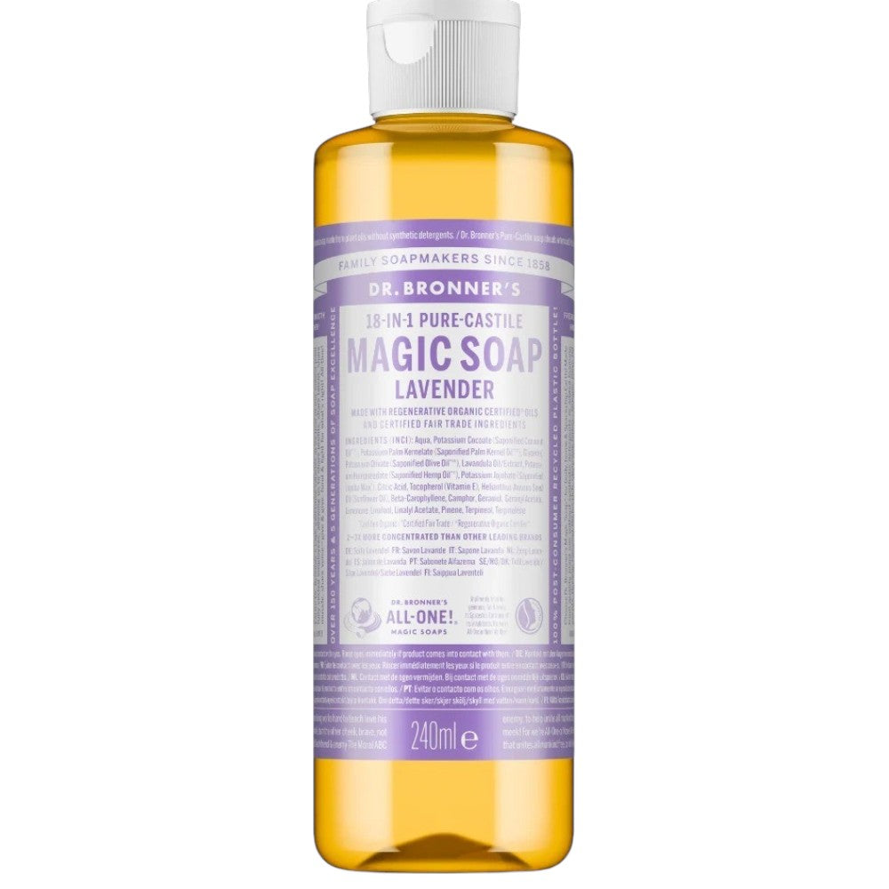 Dr. Bronner's Lavender Pure-Castile Liquid Soap bottle, lavender scent, 240ml