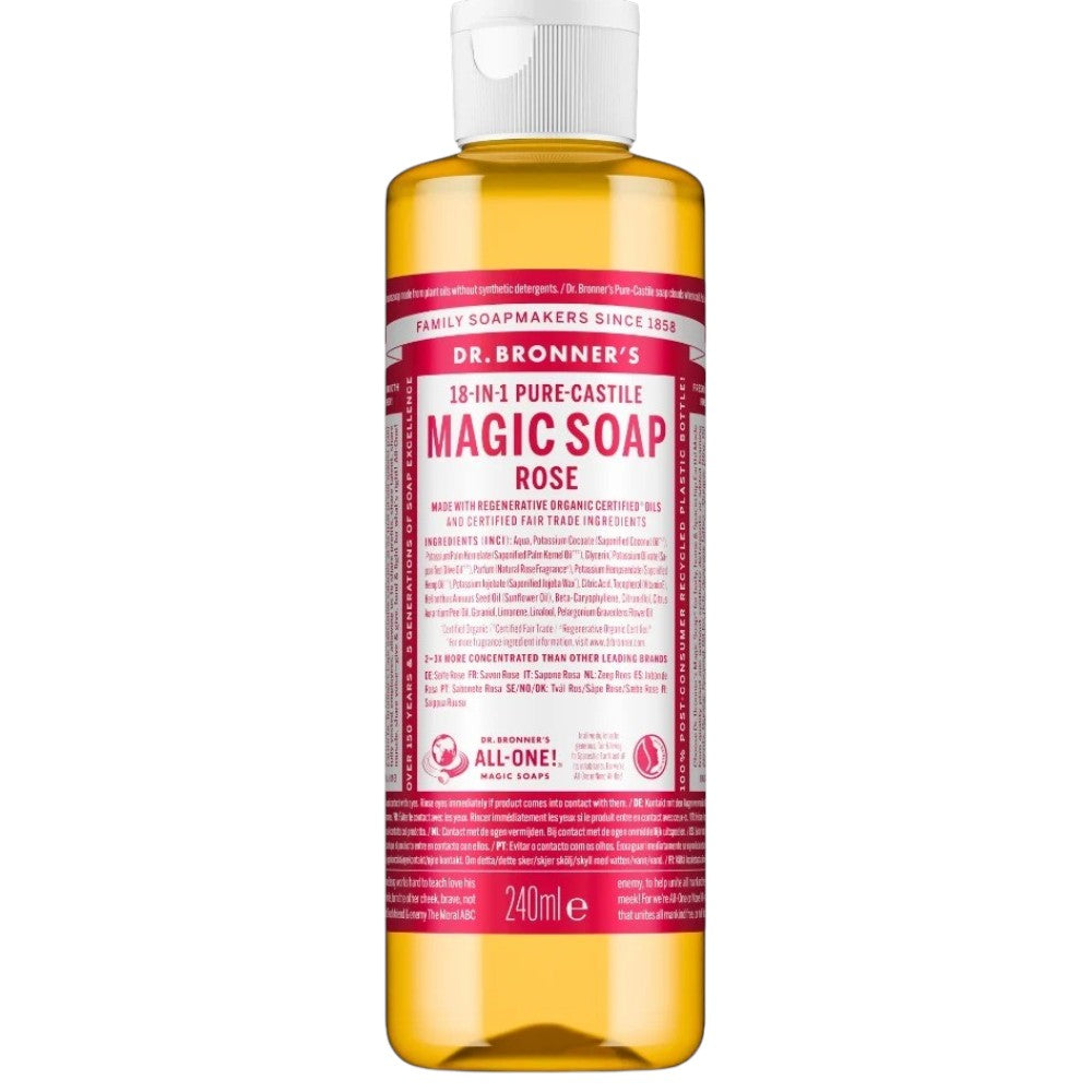 Dr. Bronner's Rose Pure-Castile Liquid Soap bottle, rose scent, 240ml