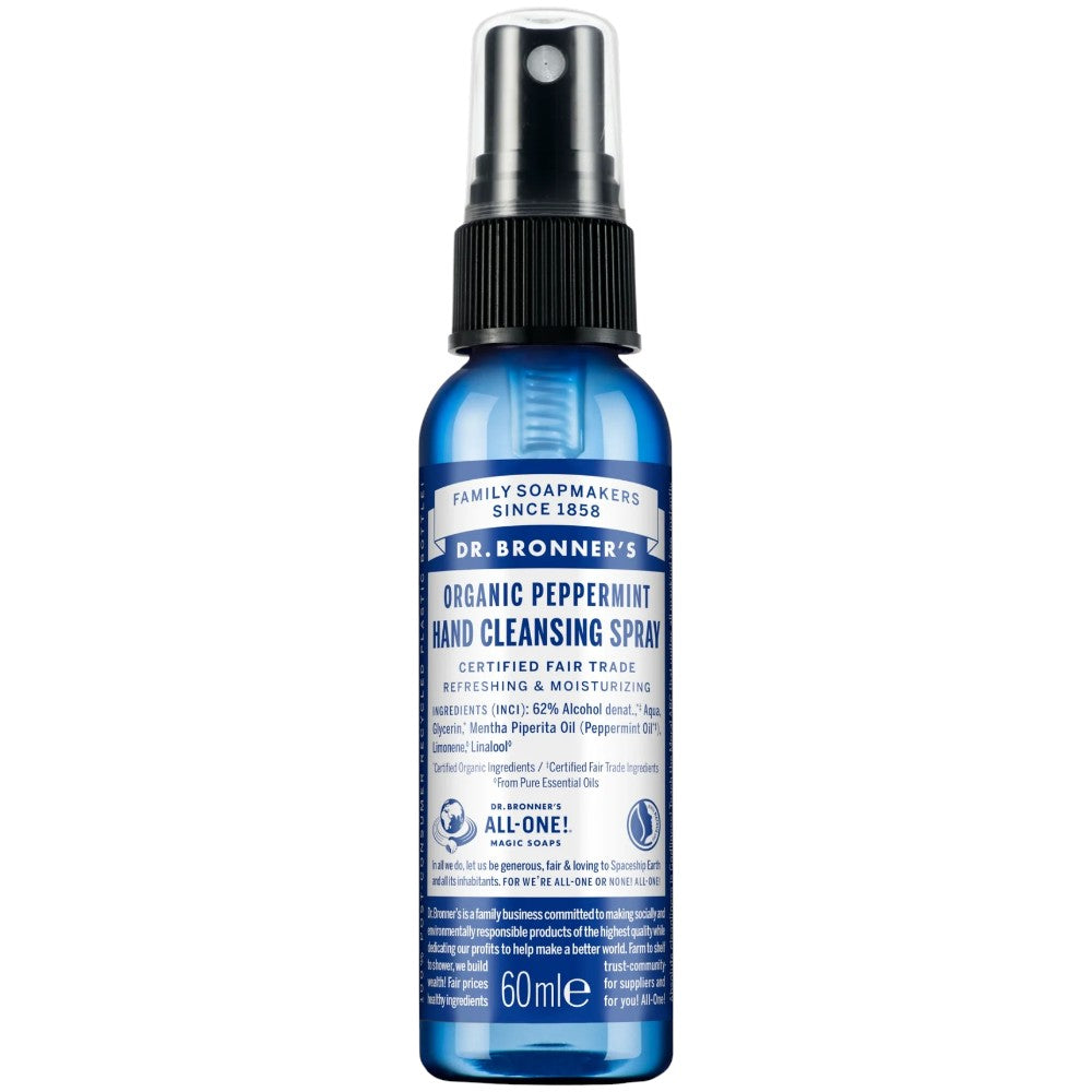 Dr. Bronner's Organic Peppermint Hand Cleansing Spray 60ml bottle