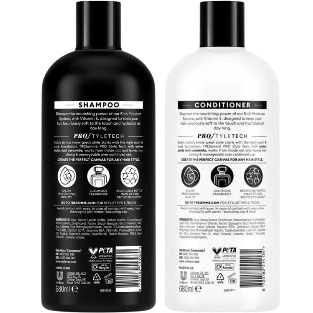 TRESemmé Rich Moisture Shampoo and Conditioner Set 2 x 680ml packaging showing ingredients and product information & barcode