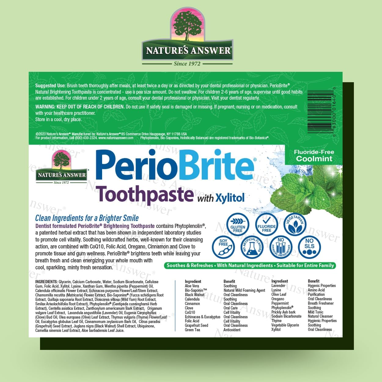 Nature’s Answer PerioBrite fluoride-free Coolmint toothpaste 4ml barcode
