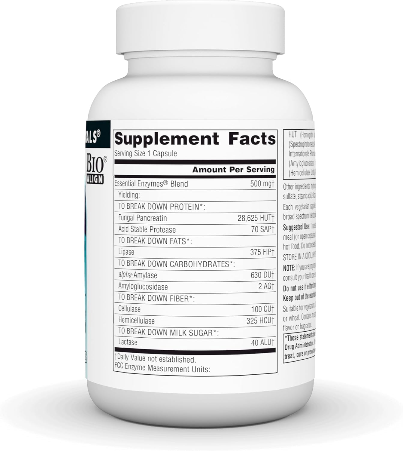 Supplement facts & ingredients image: Source Naturals Essential Enzymes 500mg vegetarian capsules ingredient panel 120 count