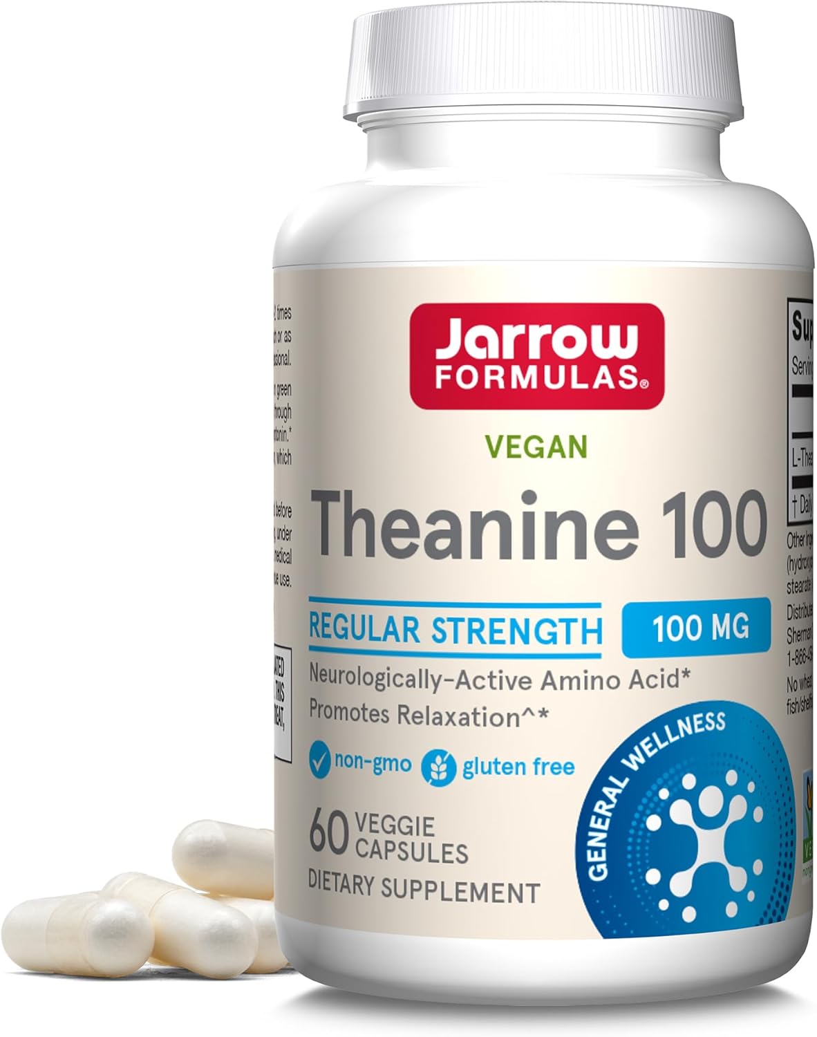 Front Image: Jarrow Formulas l theanine 100mg veggie capsules 60 count front packaging bottle