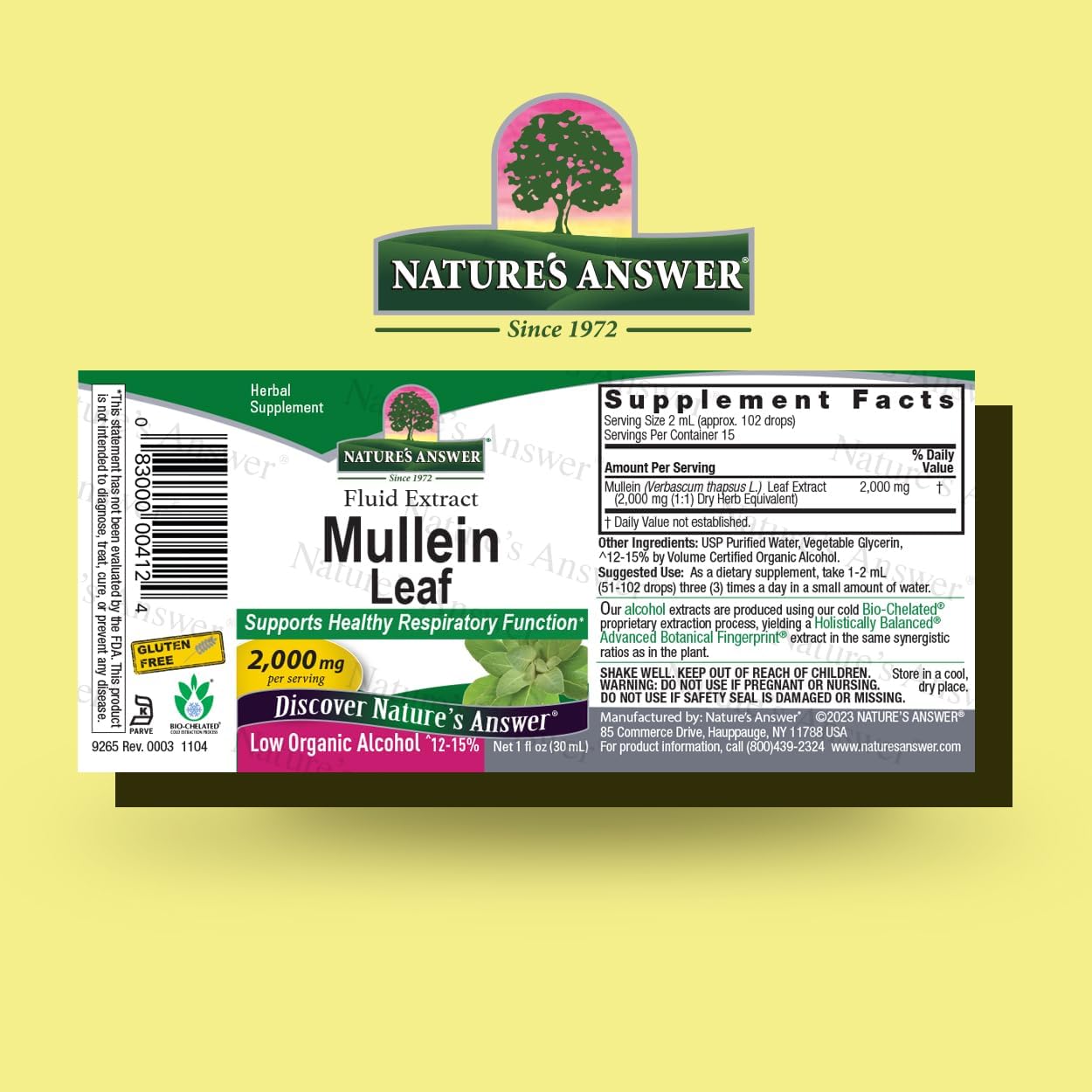 Nature’s Answer Mullein Leaf liquid extract 60ml barcode on a yellow background