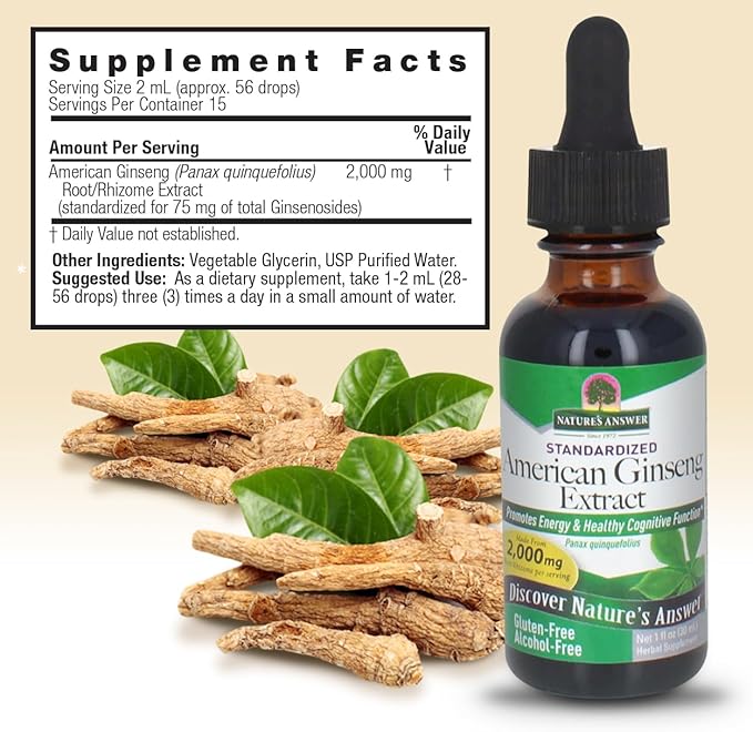 Nature’s Answer American Ginseng supplement facts alcohol free 30ml back label on a beige background