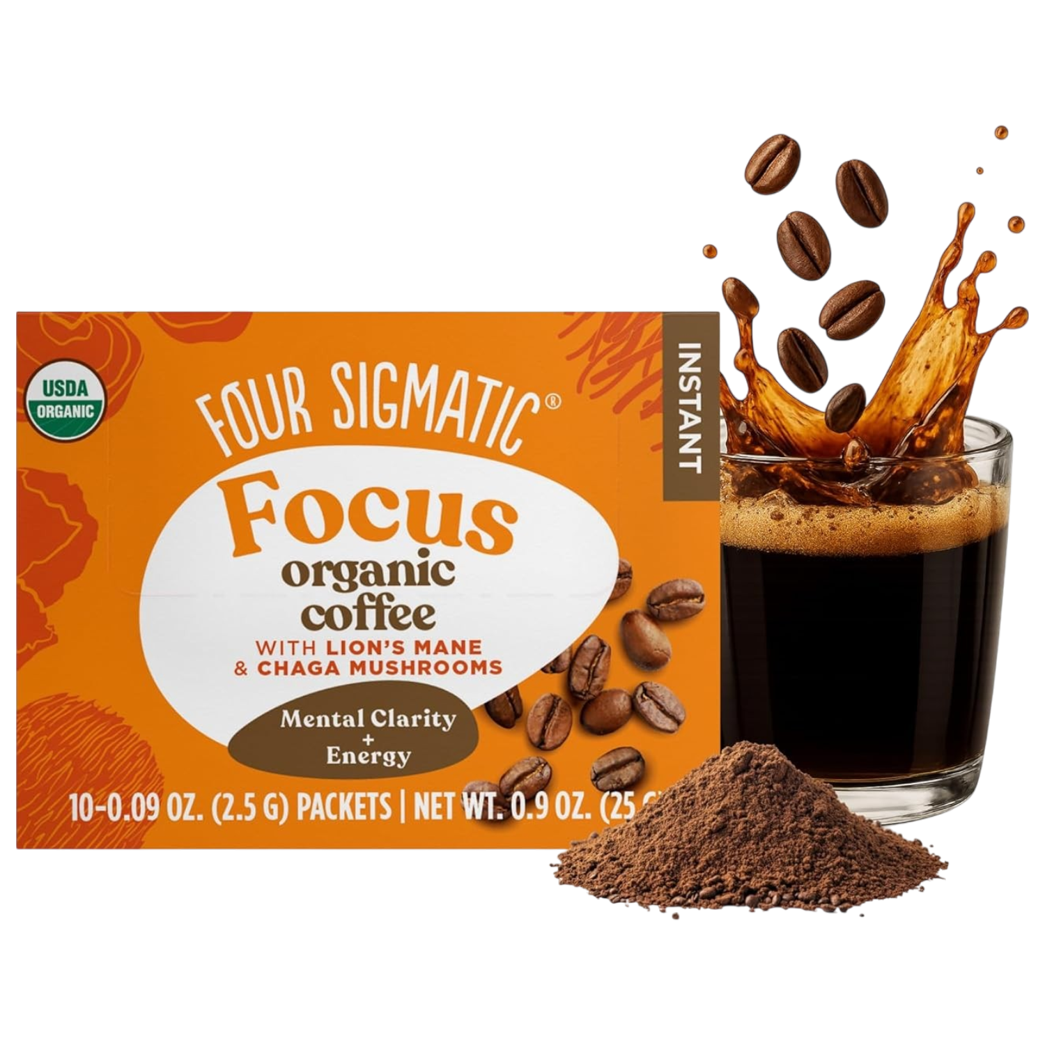 Four Sigmatic Organic Instant Coffee 10 packets front packaging on white background