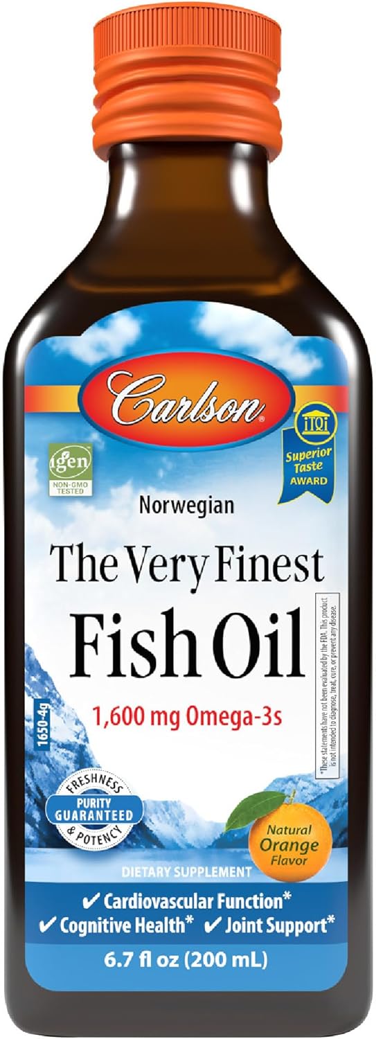 Front image: Carlson Very Finest Fish Oil liquid omega 3 1600 mg bottle orange