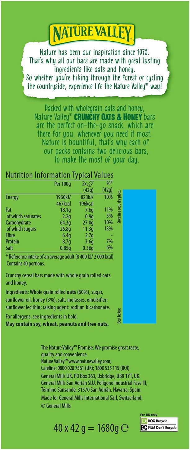 Nature Valley Crunchy Oats and Honey Cereal Bars ingredient and nutrition information 40 twin packs