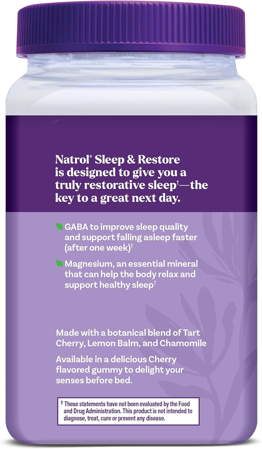 Back: Nutritional info & directions for Natrol Sleep & Restore Gummies.