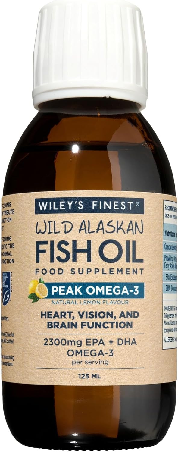 Front image: Wiley’s Finest Wild Alaskan fish oil liquid lemon flavour bottle 125ml