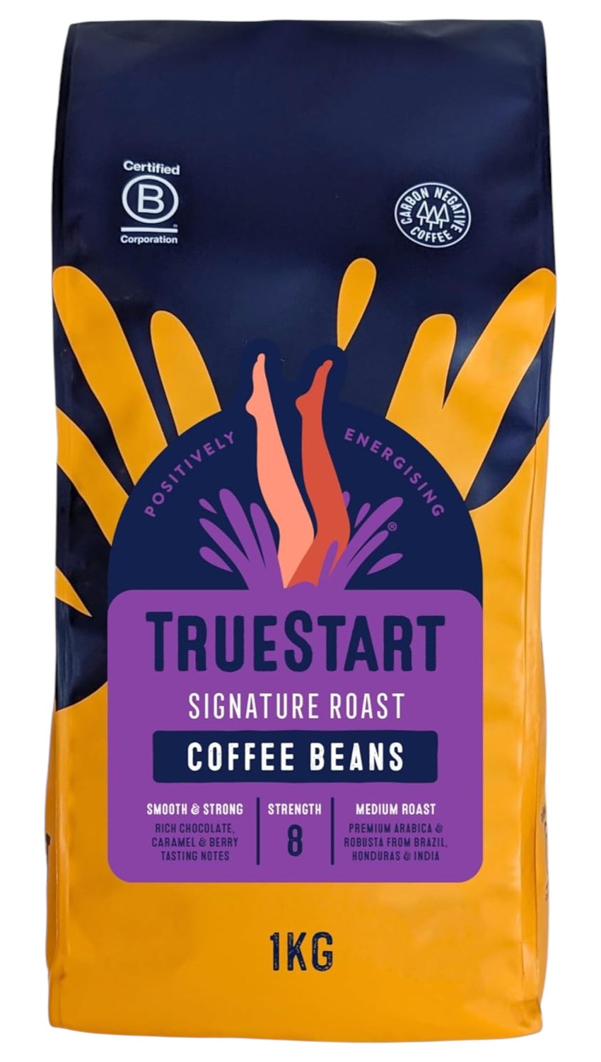 Front image: TrueStart Signature Roast whole coffee beans bag 1kg medium roast blend
