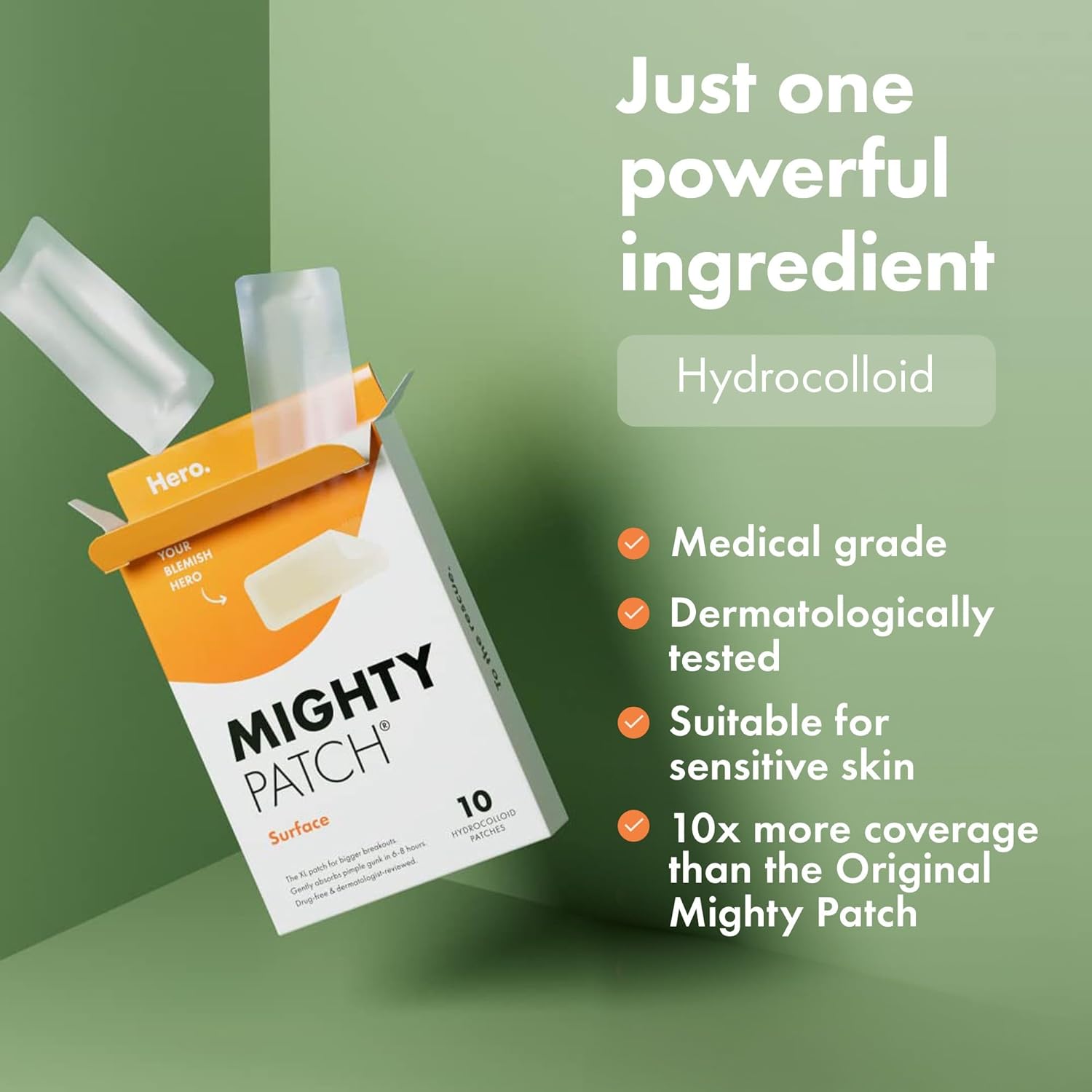 Box of Hero Mighty Patch Surface XL extra-large hydrocolloid acne patches, 10 count.