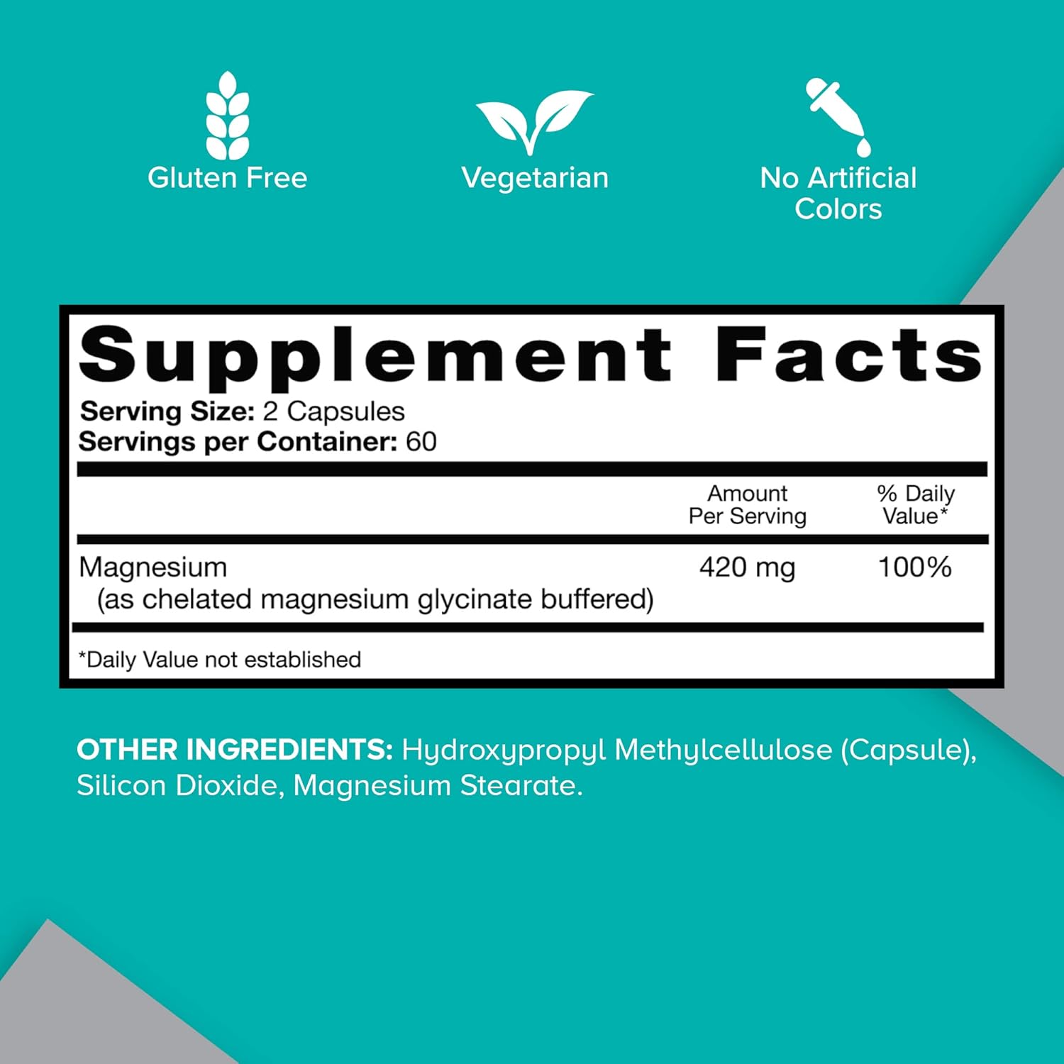 Supplement facts & ingredients image: Qunol Magnesium Glycinate capsules barcode bottle 420mg 120 count