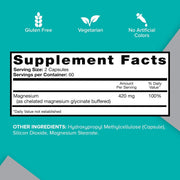 Supplement facts & ingredients image: Qunol Magnesium Glycinate capsules barcode bottle 420mg 120 count