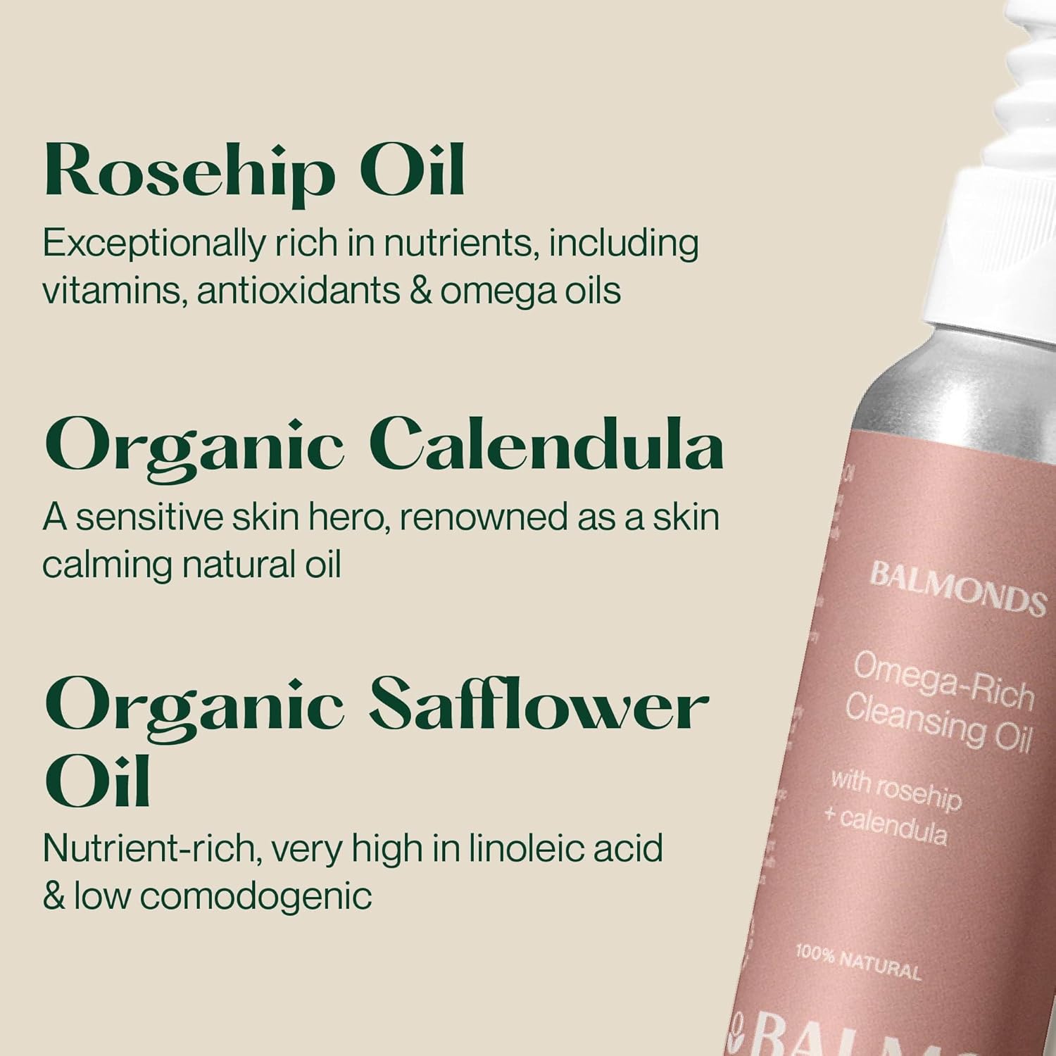 Supplement facts & ingredients image: Balmonds Omega Rich Cleansing Oil 125ml ingredients sunflower safflower rosehip calendula oils