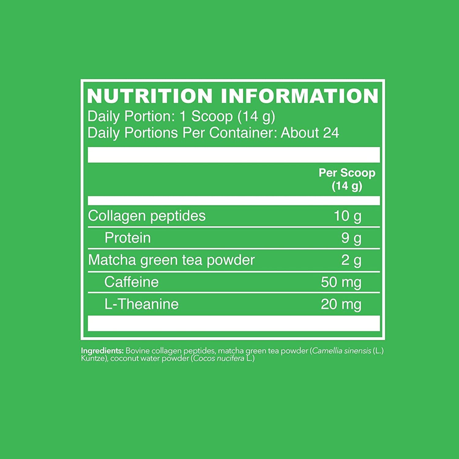 Supplement facts & ingredients image: Vital Proteins Matcha Collagen powder original flavour tub 341g ingredients label