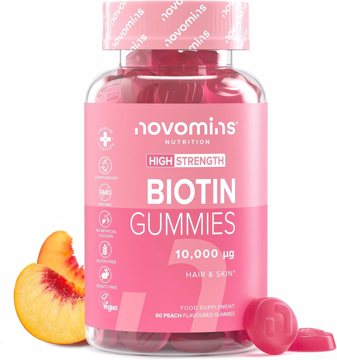 Novomins Biotin Gummies 10000mcg Peach 60 Count bottle supplement front view
