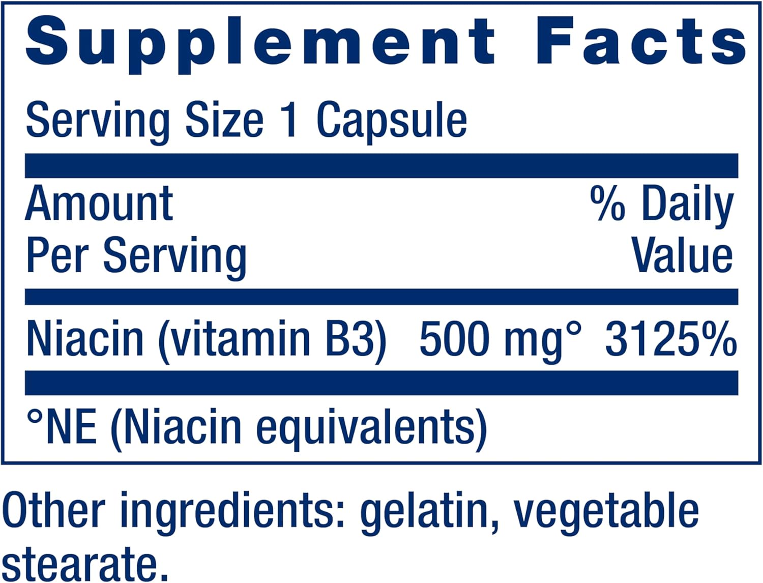 Life Extension Vitamin B3 Niacin 500mg supplement facts label