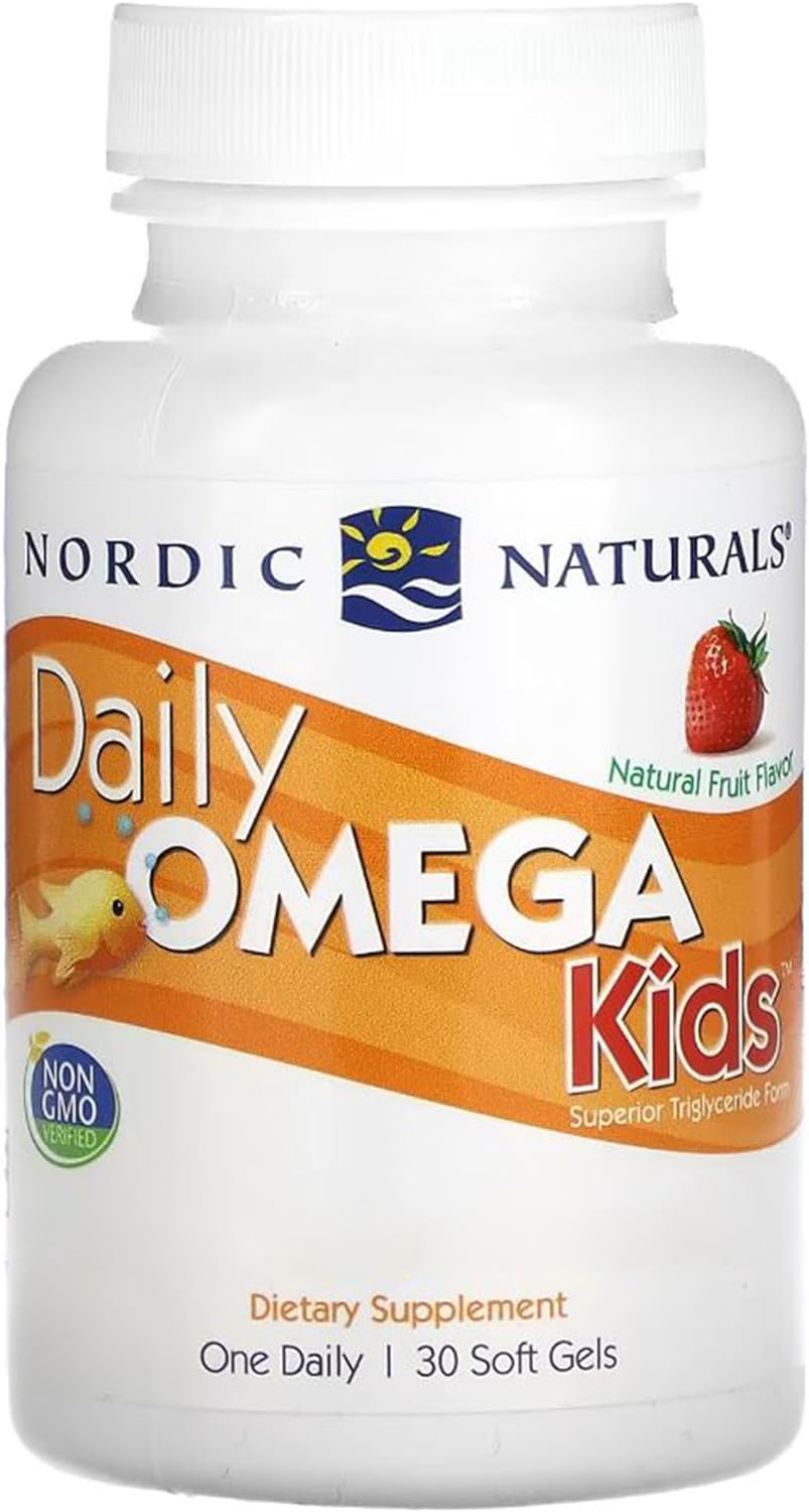 Nordic Naturals Daily Omega Kids bottle, strawberry flavour, 30 soft gels for children.