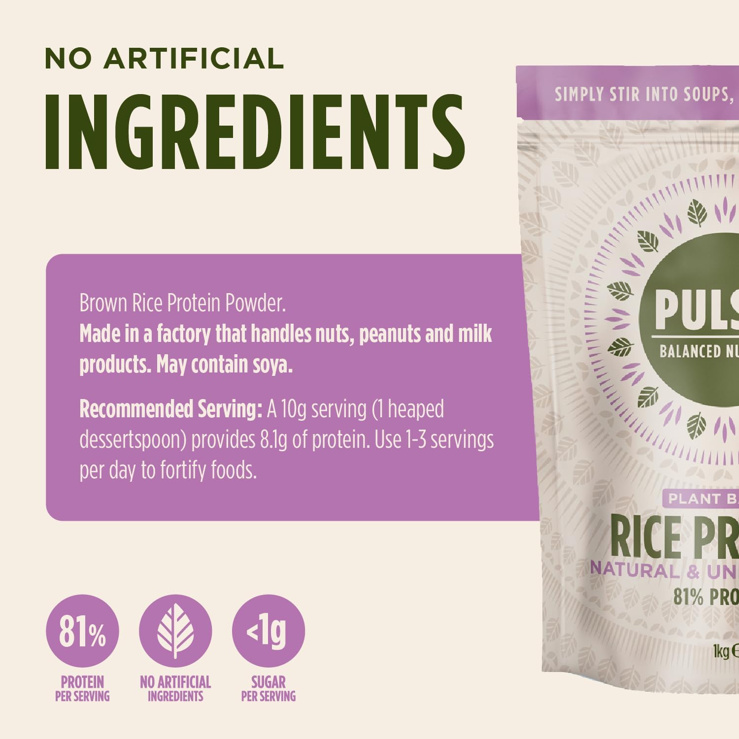 Nutritional information and ingredients for Pulsin Rice Protein.