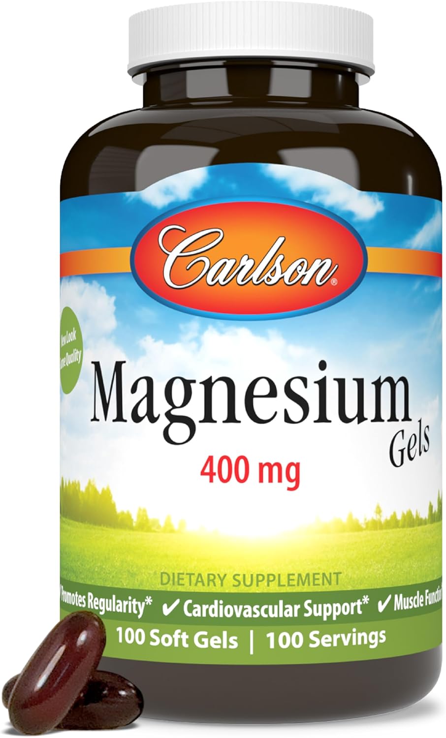 Front image: Carlson Magnesium Gels 400 mg softgels supplement bottle 100 count