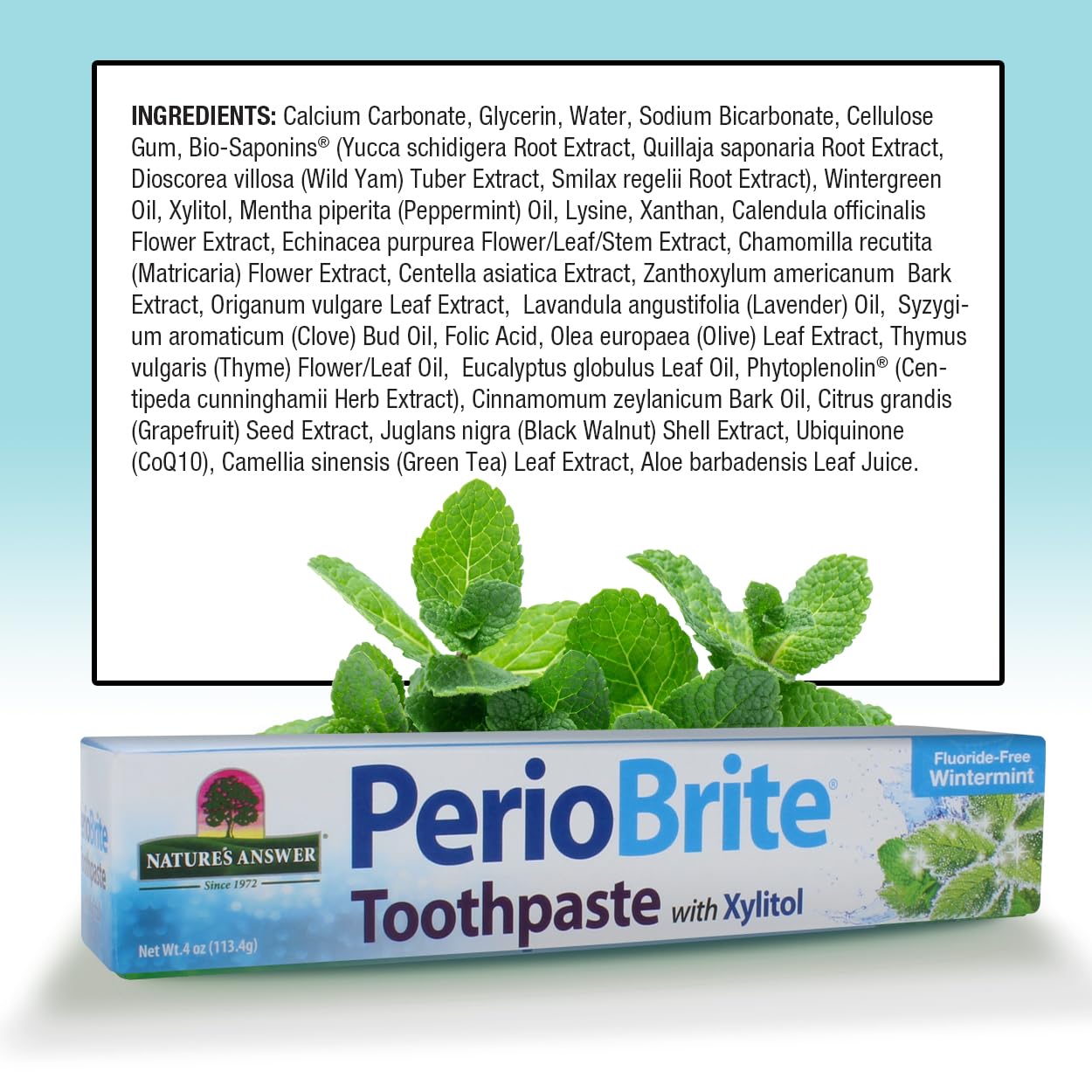 Nature’s Answer PerioBrite Whitening Toothpaste Wintermint 113.4g ingredient label