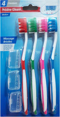 Pristine Gleam Medium Bristle Toothbrush Set 4 Pack with 3 Covers