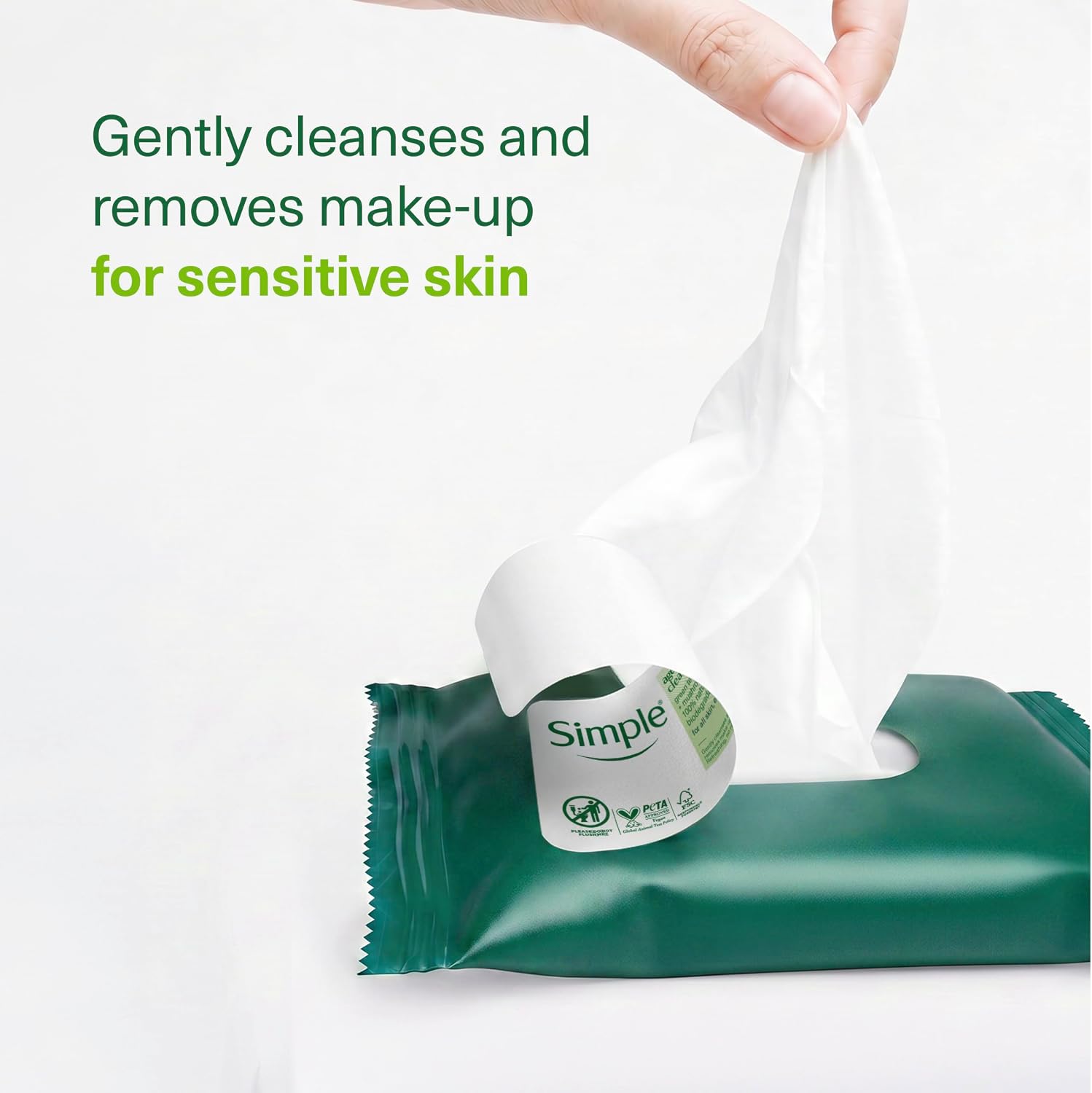 Simple Kind to Skin Age Resisting Cleansing Wipes, resealable pack packaging, unscented, 20 wipes, daily facial cleansing use