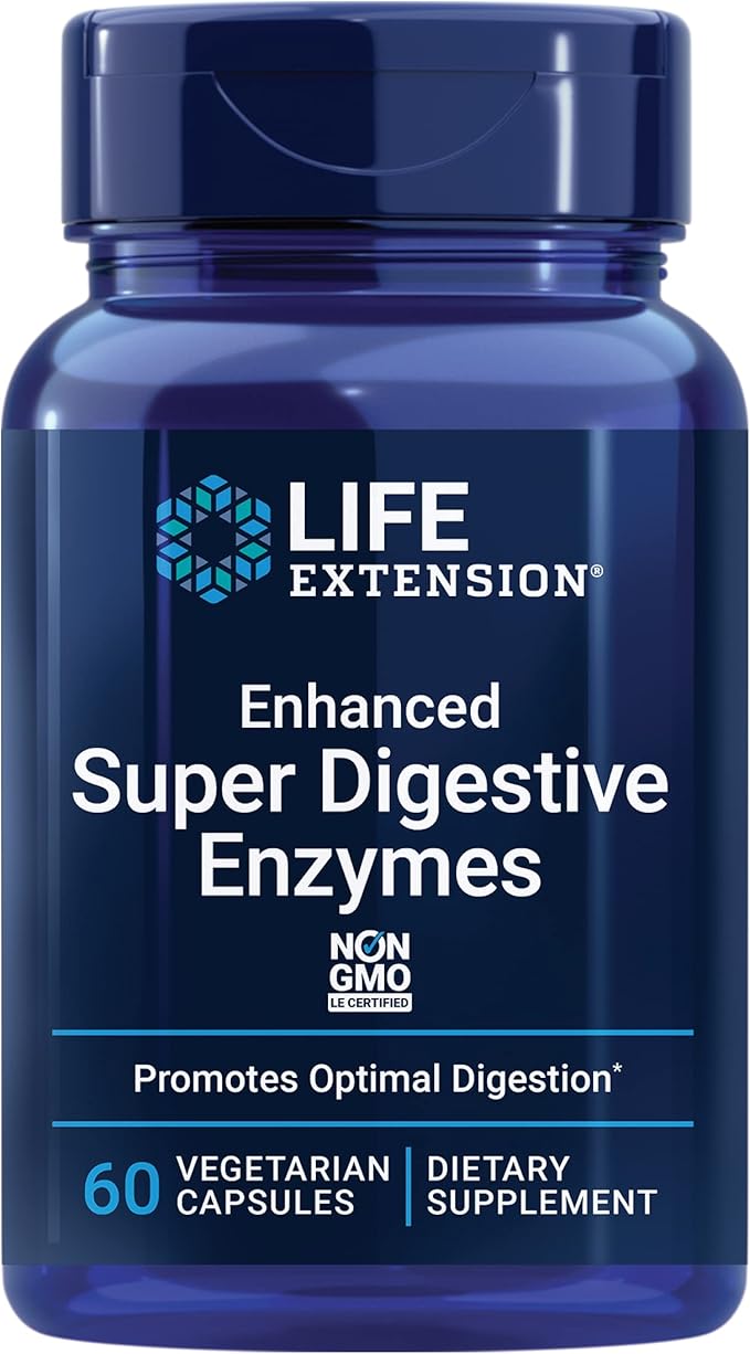 Life Extension Enhanced Super Digestive Enzymes bottle, 60 vegetarian capsules.