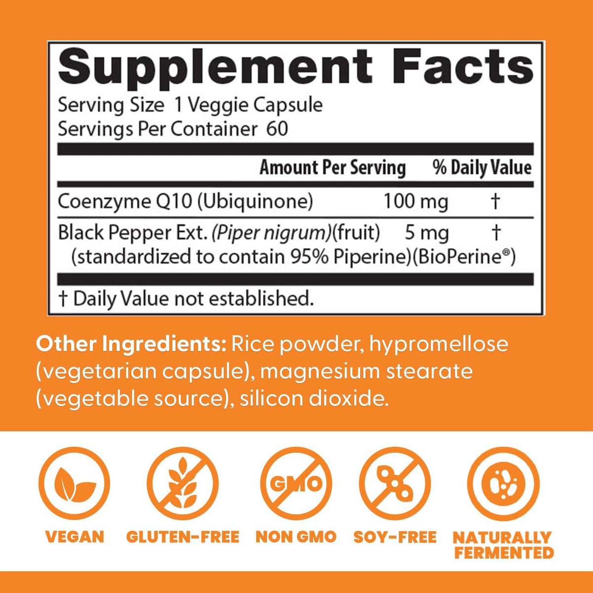 Doctor's Best High Absorption CoQ10 with BioPerine, bottle packaging, unflavoured, 100mg, 60 or 120 veggie capsules, supplement facts and ingredients