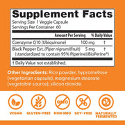 Doctor's Best High Absorption CoQ10 with BioPerine, bottle packaging, unflavoured, 100mg, 60 or 120 veggie capsules, supplement facts and ingredients