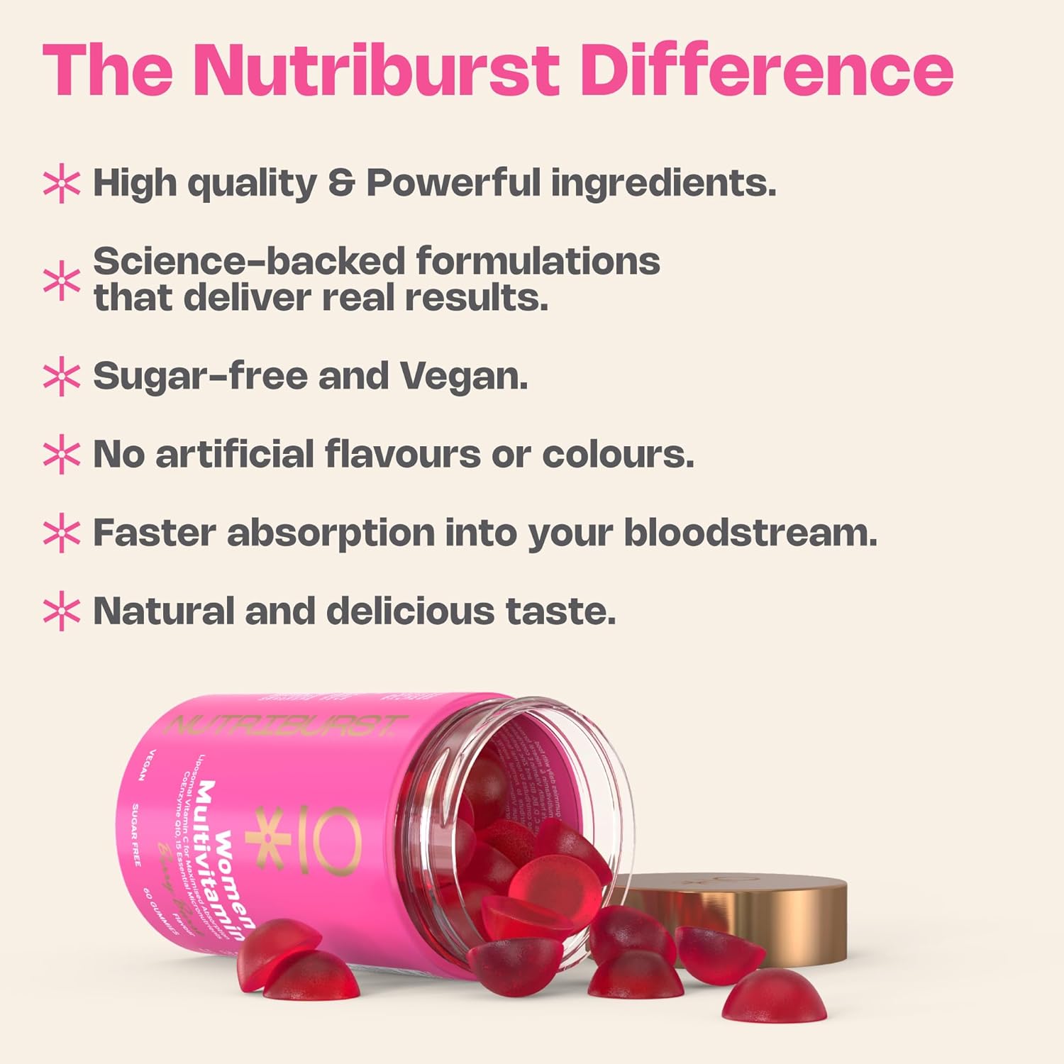 Nutriburst Women's Multivitamin Gummies bottle, berry burst flavour, 60 count.