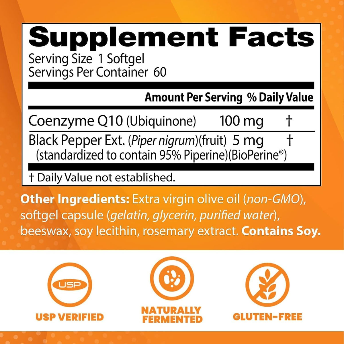 Doctor's Best High Absorption CoQ10 with BioPerine, bottle packaging, unflavoured, 100mg, 60 or 120 softgels, supplement facts and ingredients