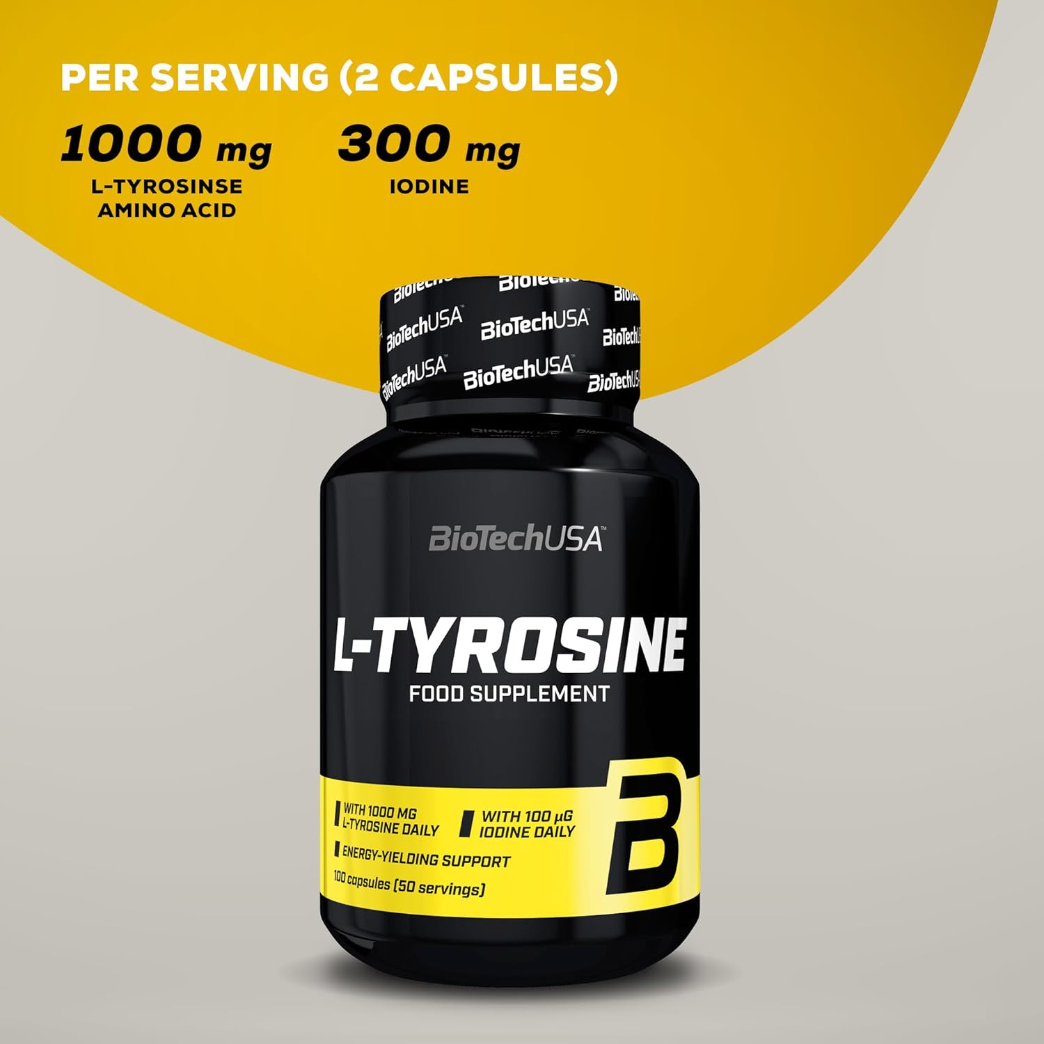 Supplement facts label showing L-Tyrosine 1000mg and Iodine 100µg.