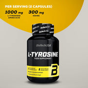 Supplement facts label showing L-Tyrosine 1000mg and Iodine 100µg.